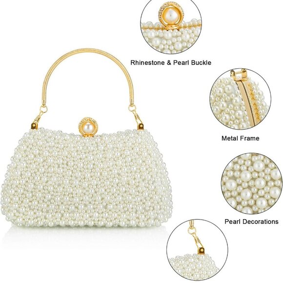 Beaded Evening Clutch Bag Women's Pearl Dressy Shoulder Crossbody Gift - Picture 5 of 7